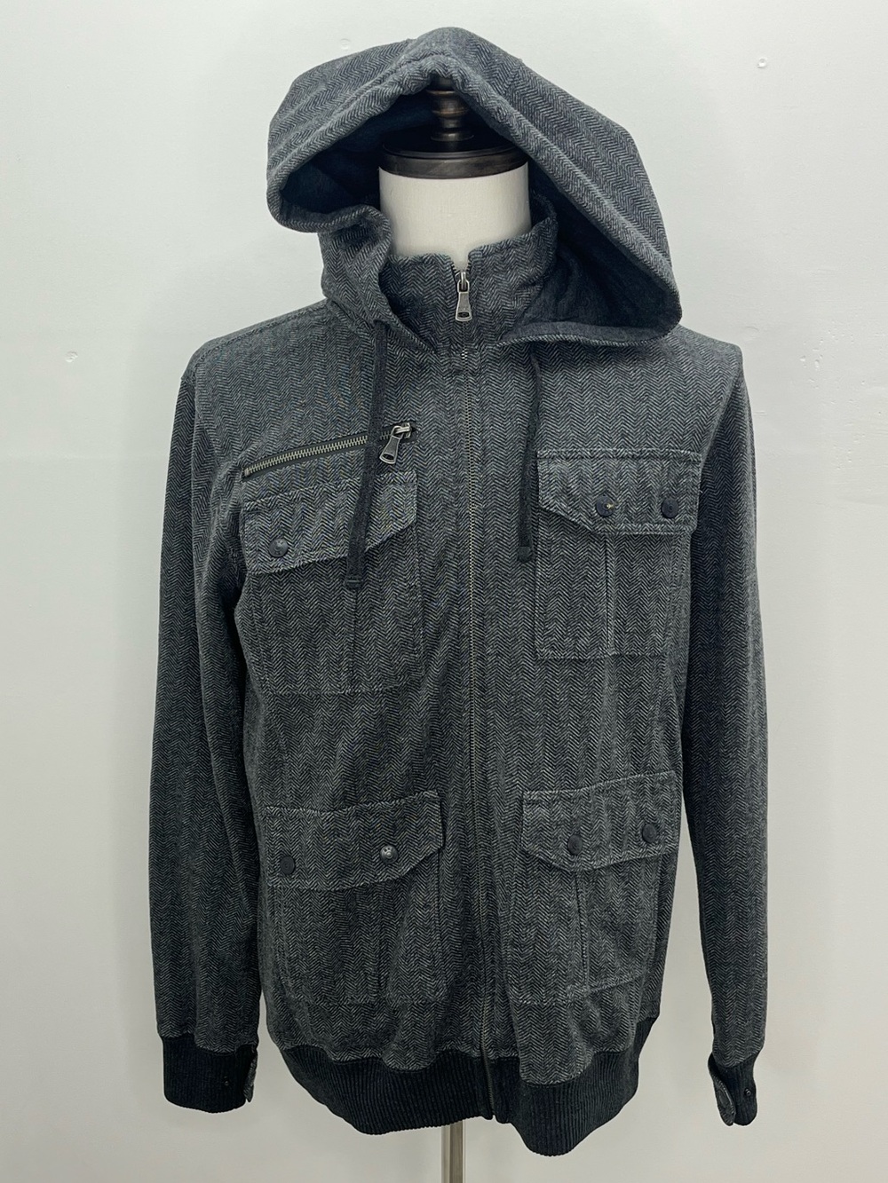 BKE Mens Albany Herringbone Charcoal Gray Full Zip Slim Fit Hooded Jacket Large